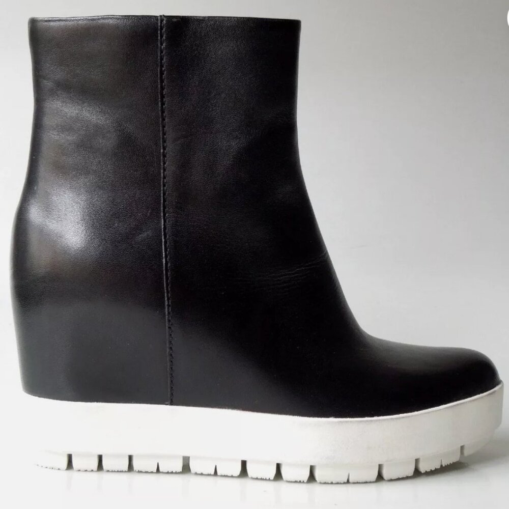PRADA black leather platform hidden WEDGE ankle boots; Size 39
